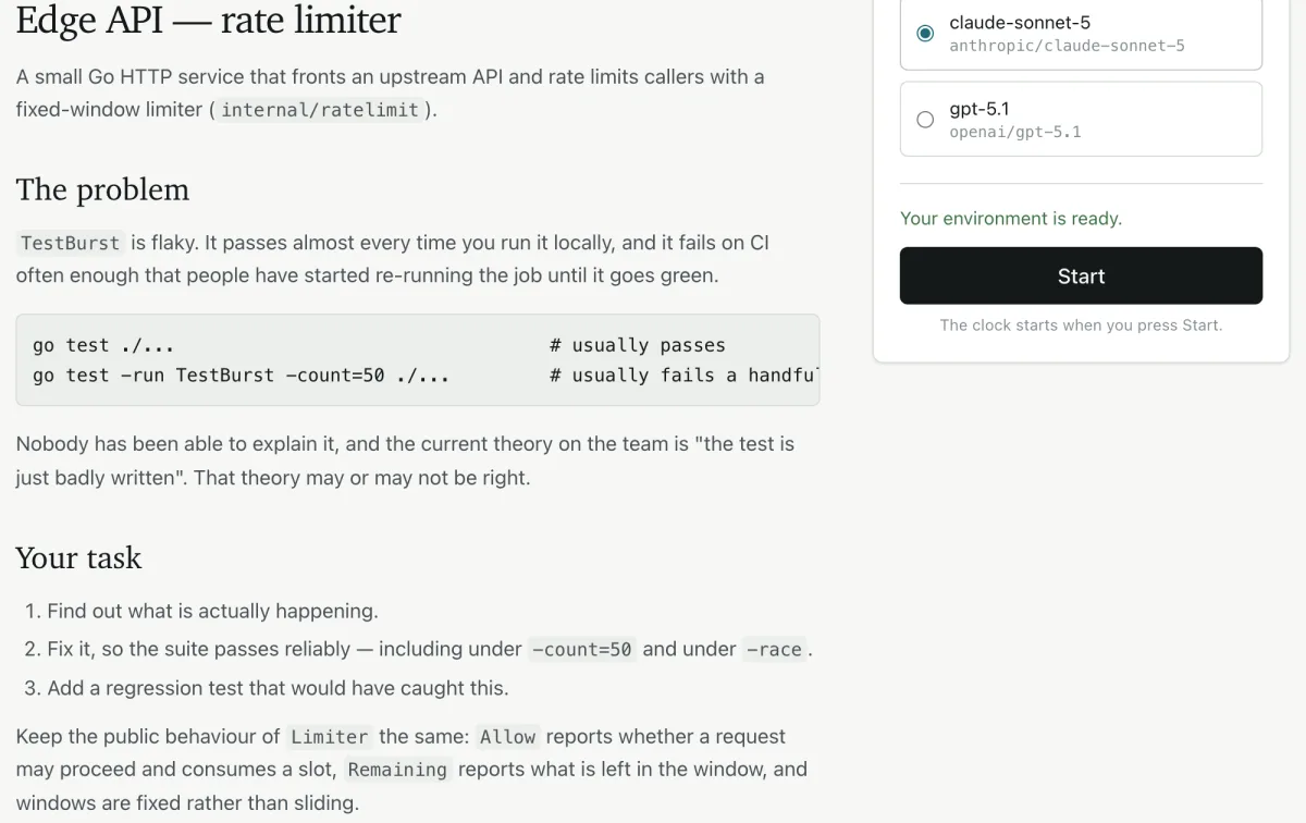 The invite page: the assignment brief on the left describing a flaky rate-limiter test, and a panel on the right to pick between two models, showing the environment is ready and a Start button.