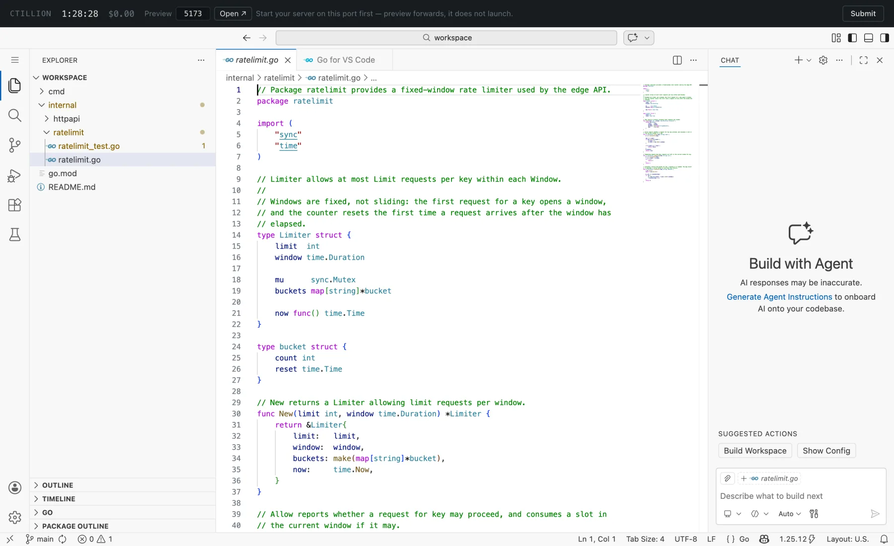 The candidate workspace: a file tree, a Go source file open with syntax highlighting and a minimap, the agent chat panel docked on the right, and a header showing time remaining, spend so far and a Submit button.